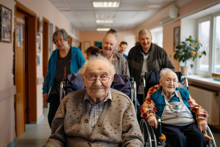 Older adult visiting a bright assisted living room while a family caregiver reviews a short-term care plan.
