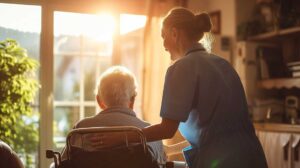Older adult and caregiver sitting at a table reviewing legal documents and identification cards together.