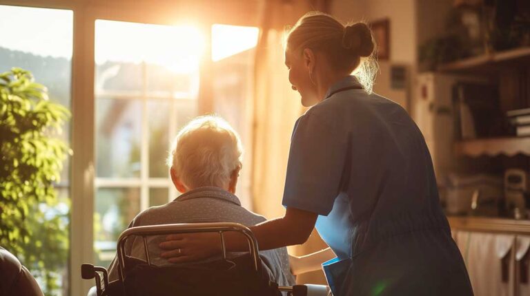 Older adult and caregiver sitting at a table reviewing legal documents and identification cards together.